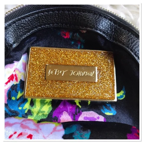 Betsey Johnson Mini Crossbody Purse Velvet Black Pink Floral Print - Picture 3 of 7